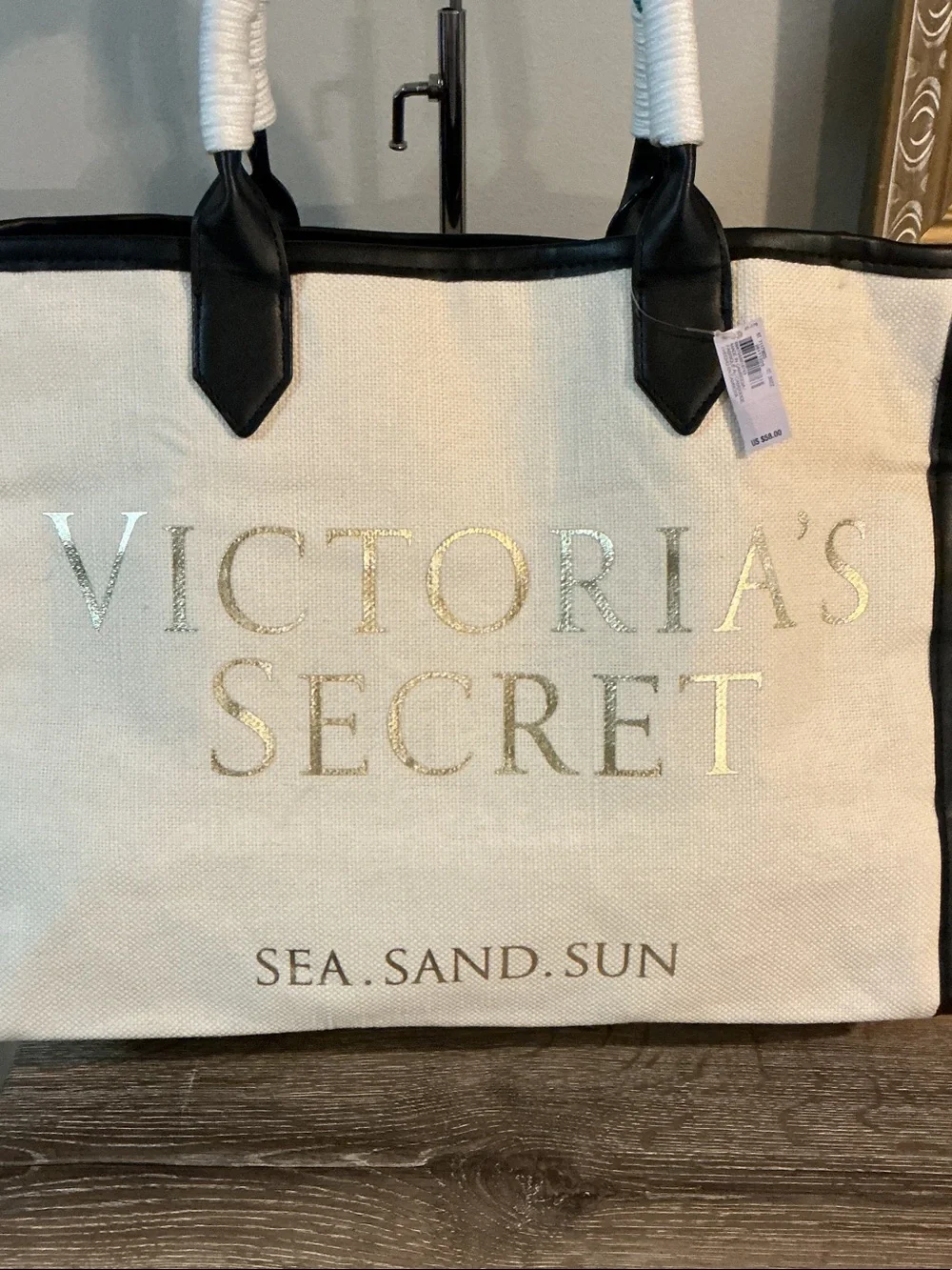 Victoria's Secret NWT Sea Sand Sun Cream Canvas Tote Wrapped Handles 16x12x8 - Picture 2 of 6